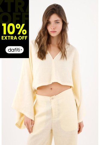 Tennis Camisa Fit Relajado Con Mangas Kimono En Lino Amarillo Pastel Para Mujer Tennis