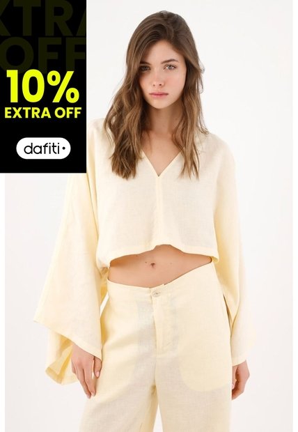 Tennis Camisa Fit Relajado Con Mangas Kimono En Lino Amarillo Pastel Para Mujer