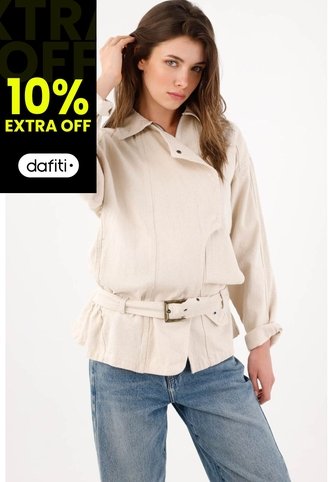 Tennis Cazadora Fit Relajado Con Cinturón De Algodón Beige Para Mujer Tennis