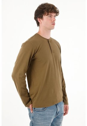 Tennis Camiseta Manga Larga Con Botones Café Para Hombre