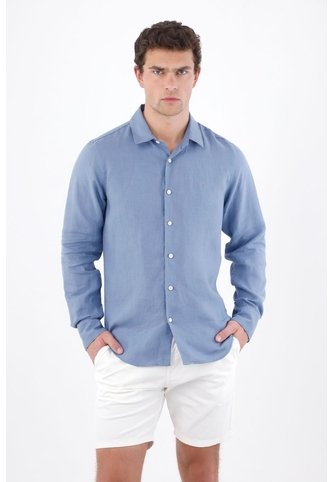Tennis Camisa Regular Fit Con Botones Blancos En Lino Azul Para Hombre Tennis