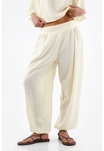 Tennis Pantalón Para Mujer De Viscosa Marfil Fit Relajado Con Textura Crinkle Tennis