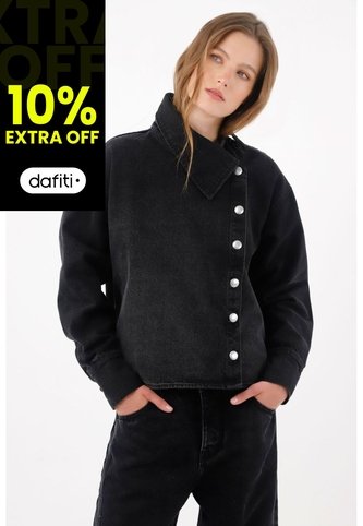 Tennis Chaqueta Boxy Con Cierre Asimétrico De Botones Metálicos En Algodón Negro Para Mujer Tennis