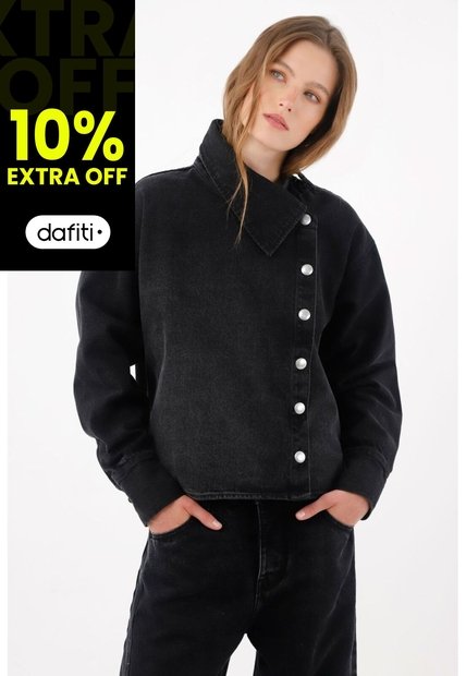 Tennis Chaqueta Boxy Con Cierre Asimétrico De Botones Metálicos En Algodón Negro Para Mujer