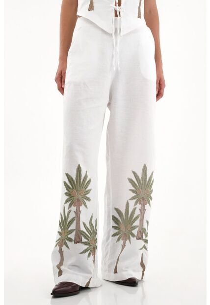 Tennis Pantalón Wide Leg Blanco Con Bordado En Bota Para Mujer