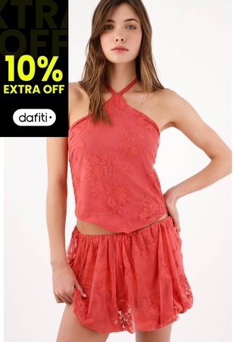 Tennis Top Halter Holgado Con Escote Cruzado En Poliamida Coral Para Mujer Tennis