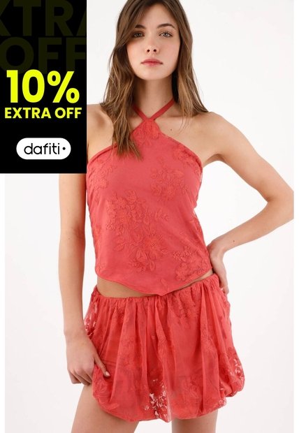 Tennis Top Halter Holgado Con Escote Cruzado En Poliamida Coral Para Mujer