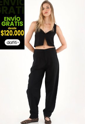 Tennis Pantalón Chino En 100% Lino Negro Para Mujer