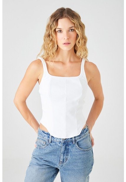 Tennis Tshirt Entallada Con Paneles Tipo Corsé En Tejido Acanalado Blanco Para Mujer