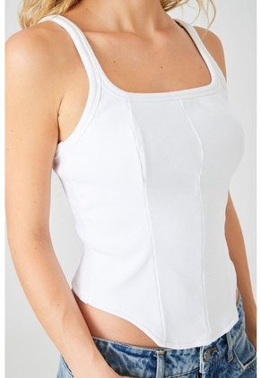 Tennis Tshirt Entallada Con Paneles Tipo Corsé En Tejido Acanalado Blanco Para Mujer