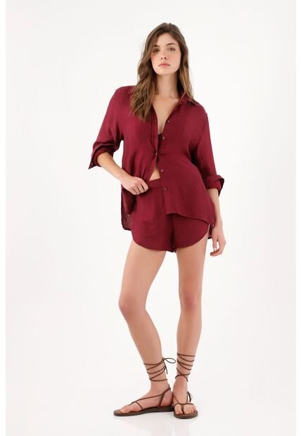 Tennis Camisa Relaxed Fit Con Textura Arrugada En Lyocell Vino Para Mujer
