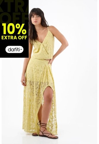 Tennis Top De Tiras Para Mujer En Encaje De Algodón Amarillo Fit Relajado Con Escote Cruzado Tennis