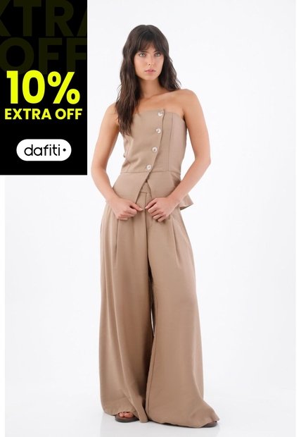 Tennis Top Strapless Para Mujer En Tejido Suave Beige Entallado Con Botones Asimétricos
