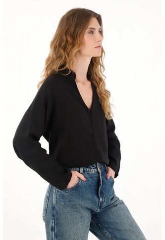 Tennis Camisa Negra Cuello Neru En 100% Lino Para Mujer Tennis