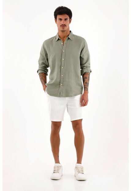 Tennis Camisa Verde Manga Larga En Lino 100% Para Hombre