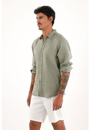 Tennis Camisa Verde Manga Larga En Lino 100% Para Hombre