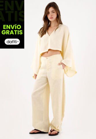 Tennis Pantalón Pierna Ancha Con Caída Fluida En Lino Amarillo Para Mujer Tennis