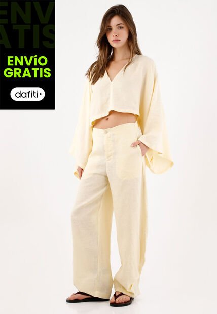 Tennis Pantalón Pierna Ancha Con Caída Fluida En Lino Amarillo Para Mujer