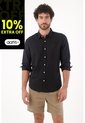 Tennis Camisa Para Hombre Lino Negro Corte Regular Con Botones Claros de Tennis