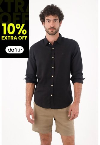 Tennis Camisa Para Hombre Lino Negro Corte Regular Con Botones Claros Tennis