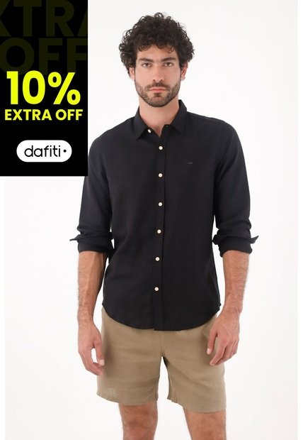 Tennis Camisa Para Hombre Lino Negro Corte Regular Con Botones Claros