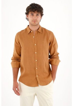 Tennis Camisa En 100% Lino Café Para Hombre