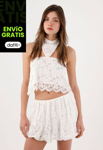 Tennis Falda Corta Fit Relajado Con Bajo Abullonado En Encaje Blanco Para Mujer Tennis