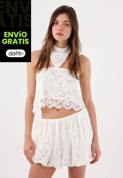 Tennis Falda Corta Fit Relajado Con Bajo Abullonado En Encaje Blanco Para Mujer