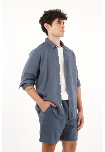 Tennis Camisa Azul Manga Larga 100% Lino Para Hombre