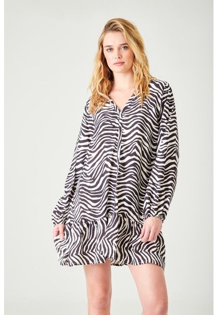 Tennis Vestido Corto Suelto Con Estampado Cebra De Tela En Blanco Y Negro Para Mujer