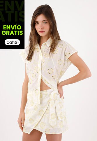 Tennis Falda Mini Con Nudo Lateral En Algodón Blanco Y Amarillo Para Mujer Tennis