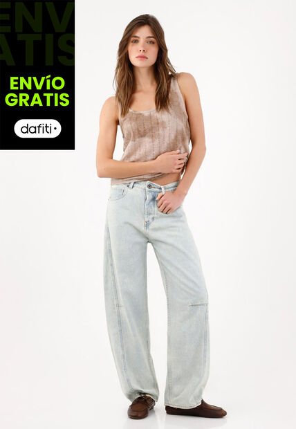 Tennis Jean Wide Leg Con Costuras Paneladas En Algodón Azul Claro Para Mujer