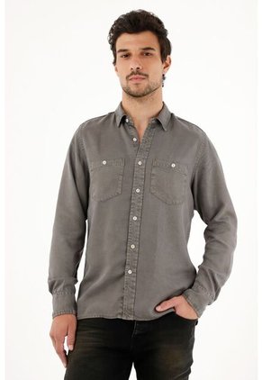 Tennis Camisa Clásica Gris Con Bolsillos Delanteros Para Hombre
