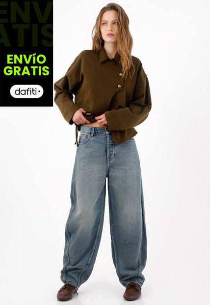 Tennis Jean Wide Leg Con Costuras Curvas En Algodón Azul Para Mujer