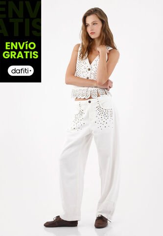 Tennis Pantalón Wide Leg Con Taches Metálicos En Algodón Blanco Para Mujer Tennis
