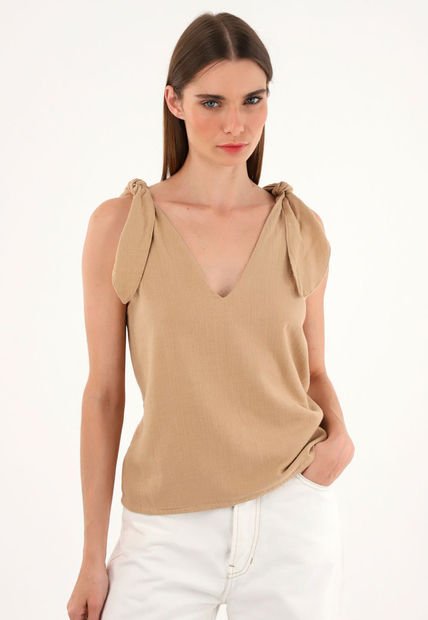 Camisa Crudo De Escote En V Y Tiras Para Mujer