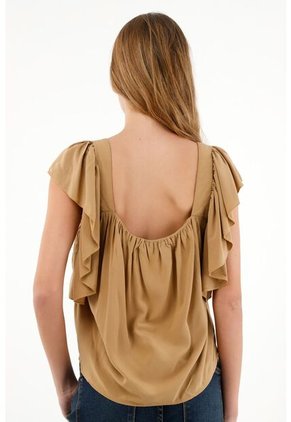 Camisa Café De Escote Recto En Chalis Para Mujer