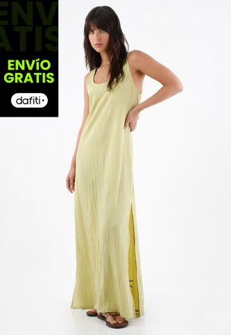Tennis Vestido Largo Para Mujer En Poliéster Verde Lima Fit Relajado Con Textura Arrugada Tennis