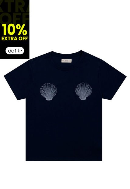 Camiseta Azul Con Estampado De Conchas Para Mujer