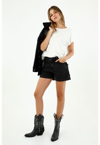 Short De Mujer, Silueta Amplia De Tiro Alto En Tono Negro Bull Denim