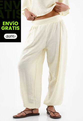Tennis Pantalón Para Mujer De Viscosa Marfil Fit Relajado Con Textura Crinkle Tennis