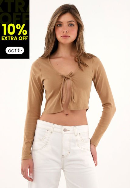 Camiseta Café Crop Abierta Con Tiras Para Anudar Para Mujer