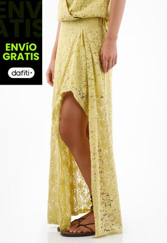 Tennis Falda Larga Para Mujer En Algodón Amarillo Pastel Fit Fluido Con Encaje Floral Tennis