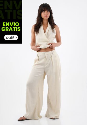 Tennis Pantalón Para Mujer De Poliéster Beige Wide Leg Con Textura Arrugada Tennis