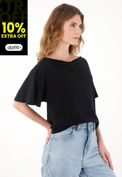 Camiseta Negra Con Escote Drapeado Para Mujer