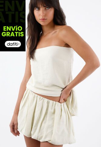 Tennis Falda Corta Para Mujer En Tejido Ligero Color Crema Silueta Globo Con Cintura Fruncida Tennis