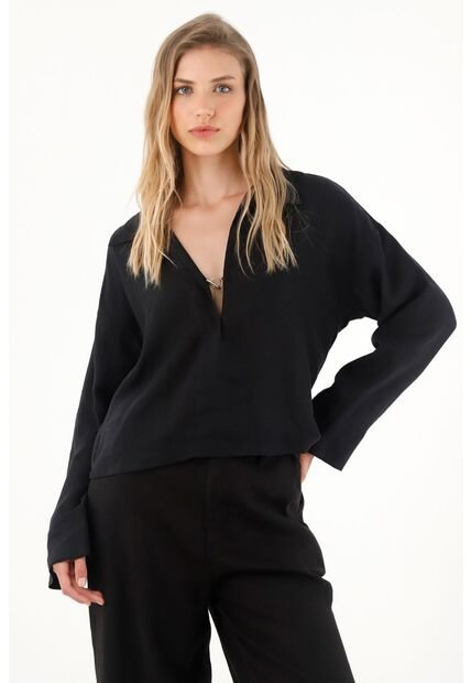 Tennis Camisa Negra Manga Larga 100% Lino Para Mujer