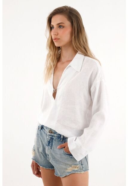Tennis Camisa Blanca Manga Larga Con Escote 100% Lino Para Mujer