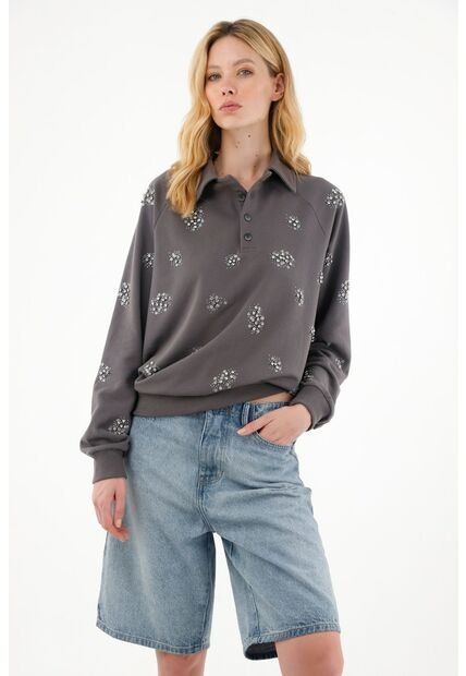 Buzo Gris Oversize Con Apliques De Brillo Para Mujer