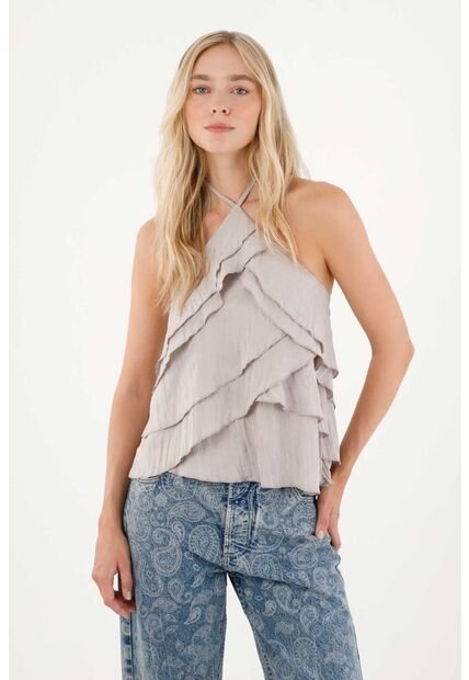 Tennis Camisa Con Boleros Y Detalles De Brillo Gris Para Mujer